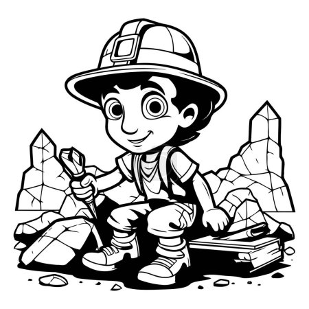 Cartoon miner - Black and White Vector Illustration for Coloring Book