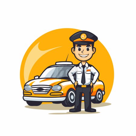 Illustration for Police officer with yellow car. Vector illustration in flat cartoon style. - Royalty Free Image