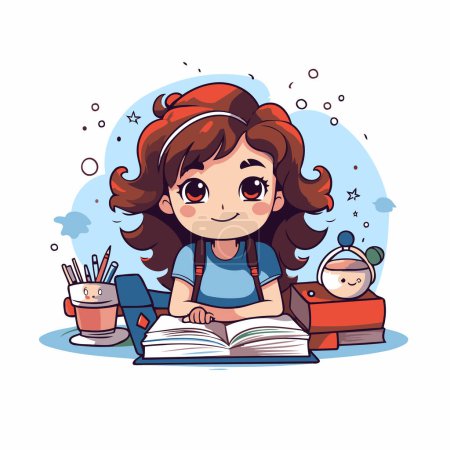Téléchargez les illustrations : Jolie petite fille avec des livres et des crayons. Illustration vectorielle. - en licence libre de droit