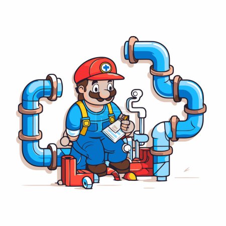 Illustration for Plumber with tools and pipe. Vector illustration. Cartoon character. - Royalty Free Image