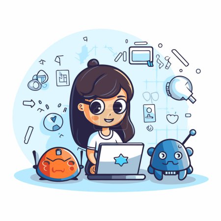 Illustration for Cute little girl using laptop. Vector illustration in cartoon style. - Royalty Free Image