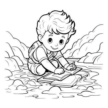 Ilustración de Dibujos animados en blanco y negro Ilustración de niño leyendo un libro en el río o corriente para colorear libro - Imagen libre de derechos