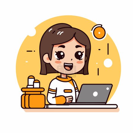 Illustration for Cute little girl working on laptop at home. Vector illustration. - Royalty Free Image