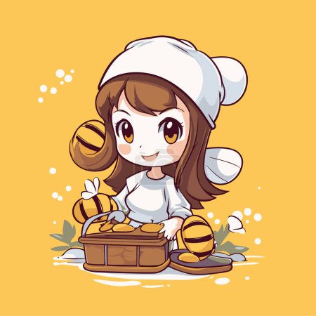 Illustration for Cute little girl with a basket of honey. Vector illustration. - Royalty Free Image