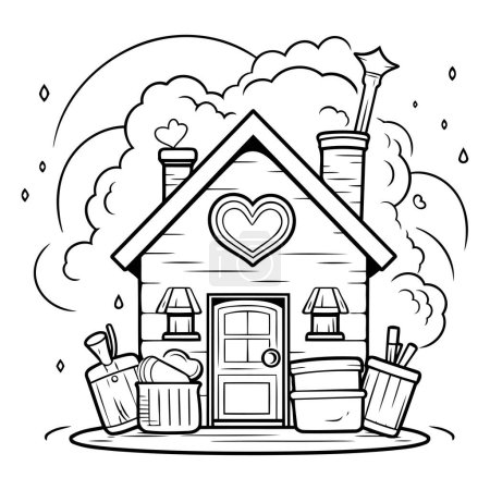 Illustration for House with heart and bucket. Black and white vector illustration for coloring book. - Royalty Free Image