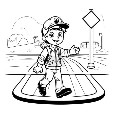 Téléchargez les illustrations : Illustration de bande dessinée en noir et blanc d'un petit garçon marchant sur la route pour colorier un livre - en licence libre de droit