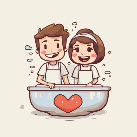 Téléchargez les illustrations : Couple mignon dans la baignoire. Illustration vectorielle dans le style dessin animé. - en licence libre de droit
