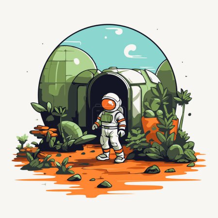 Astronaut in einem grünen Tunnel. Vektorillustration im Cartoon-Stil.