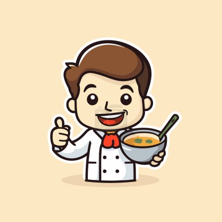 Téléchargez les illustrations : Bol à soupe Chef Holding - Illustration de personnage de mascotte de bande dessinée - en licence libre de droit