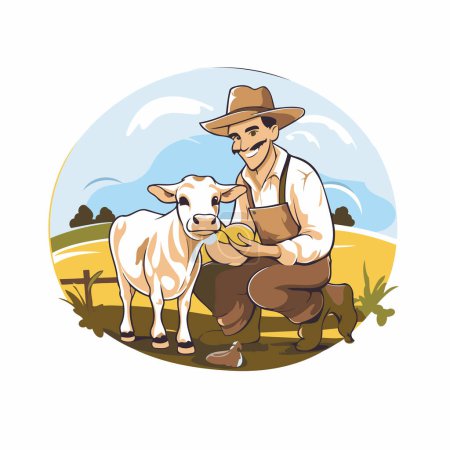 Illustration for Farmer with a cow on the farm. Vector illustration in cartoon style. - Royalty Free Image