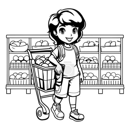 Téléchargez les illustrations : Fille avec panier et nourriture dans les supermarchés illustration vectorielle dessin animé design graphique - en licence libre de droit