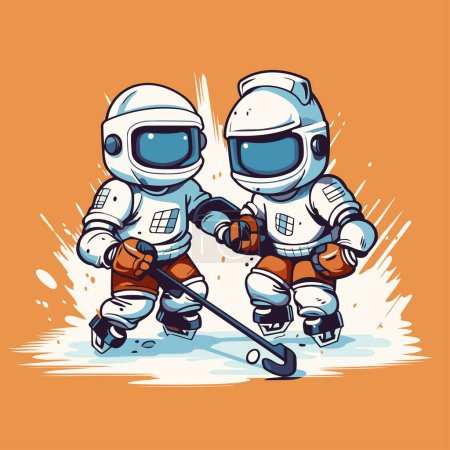 Téléchargez les illustrations : Des astronautes jouant au hockey sur glace. Illustration vectorielle du style dessin animé. - en licence libre de droit