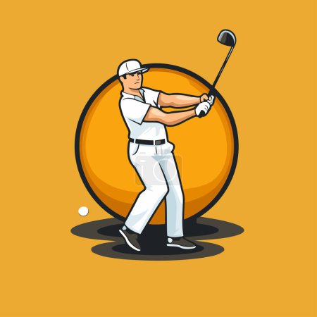 Illustration for Golf player hitting ball with club on yellow background. Vector illustration. - Royalty Free Image