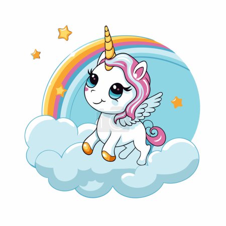 Ilustración de Lindo unicornio sentado en la nube con arco iris. Dibujos animados vectoriales ilustración. - Imagen libre de derechos