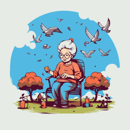 Téléchargez les illustrations : Femme âgée assise sur un banc dans le parc. Illustration vectorielle. - en licence libre de droit