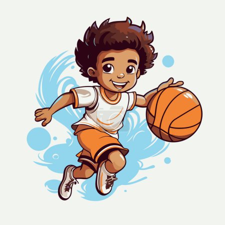 Téléchargez les illustrations : Illustration d'un petit garçon jouant au basket sur un fond d'eau éclaboussure - en licence libre de droit