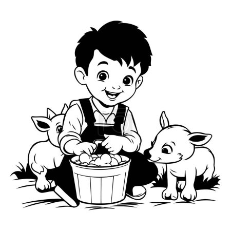 Illustration for Boy with rabbit and basket of eggs. black and white vector illustration graphic design - Royalty Free Image