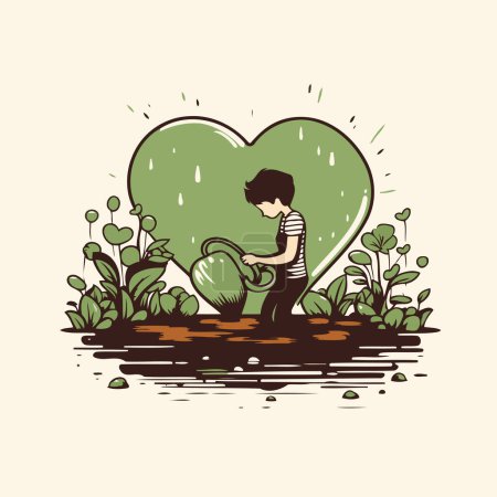 Téléchargez les illustrations : Illustration vectorielle d'un homme arrosant des plantes dans le jardin avec un cœur - en licence libre de droit
