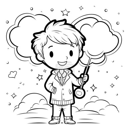 Ilustración de Ilustración en blanco y negro de un niño sosteniendo una varita mágica en el cielo. - Imagen libre de derechos