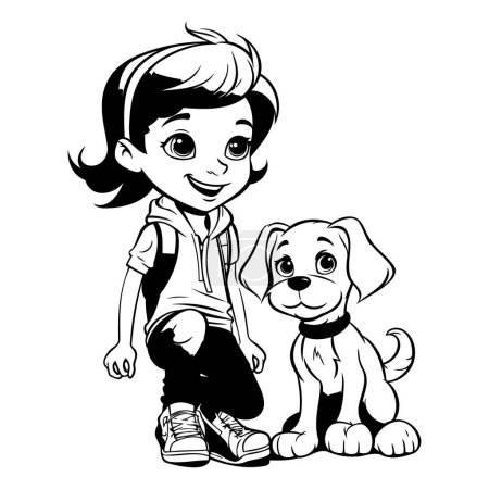Téléchargez les illustrations : Mignon petit garçon avec chien. illustration vectorielle en noir et blanc - en licence libre de droit