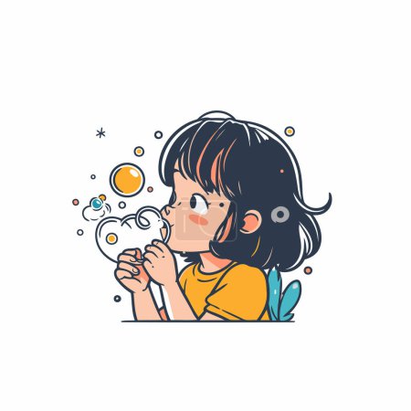 Illustration for Cute little girl blowing soap bubbles. Hand drawn vector illustration. - Royalty Free Image