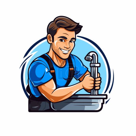 Illustration for Vector illustration of a mechanic holding a spanner wrench and sink. - Royalty Free Image