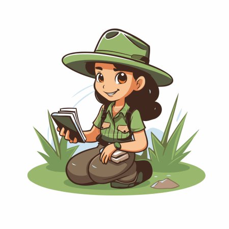 Illustration for Illustration of a girl in a safari hat reading a book - Royalty Free Image