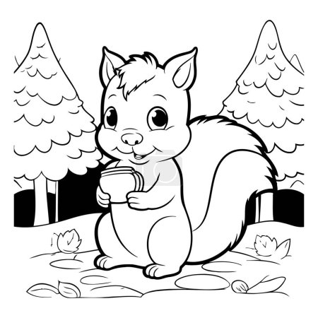 Illustration for Cute squirrel with a cup of coffee - Coloring book for children - Royalty Free Image