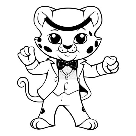 Téléchargez les illustrations : Illustration de dessin animé noir et blanc de personnage de mascotte de léopard pour livre à colorier - en licence libre de droit