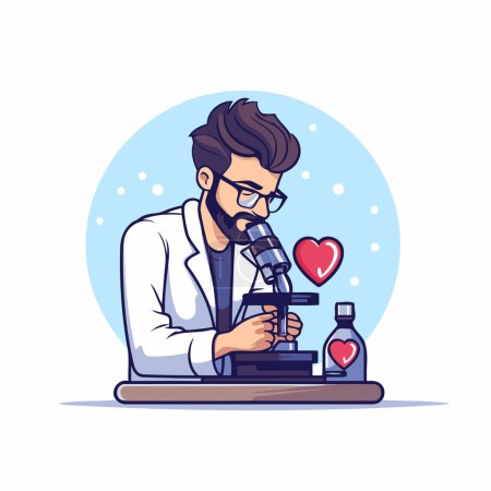 Ilustración de Científico con microscopio y corazón. Ilustración vectorial en estilo de dibujos animados. - Imagen libre de derechos