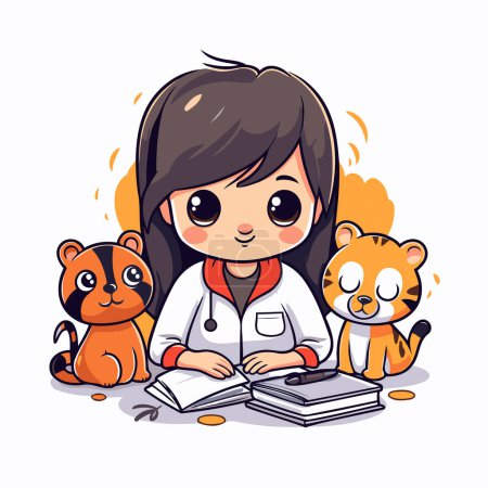 Téléchargez les illustrations : Jolie petite fille médecin avec tigre et chien. Illustration vectorielle. - en licence libre de droit