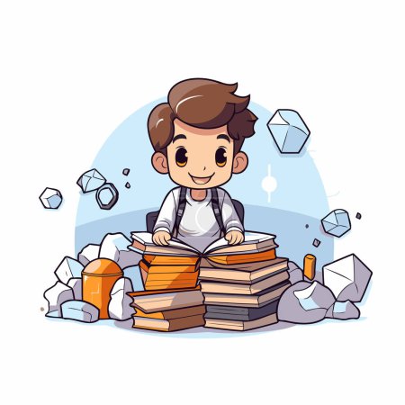 Illustration for Boy with a pile of books. Vector illustration in cartoon style. - Royalty Free Image