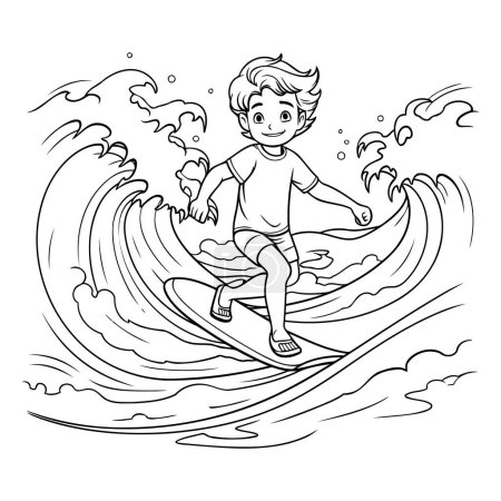 Illustration for Boy surfing on a wave. Black and white vector illustration for coloring book - Royalty Free Image