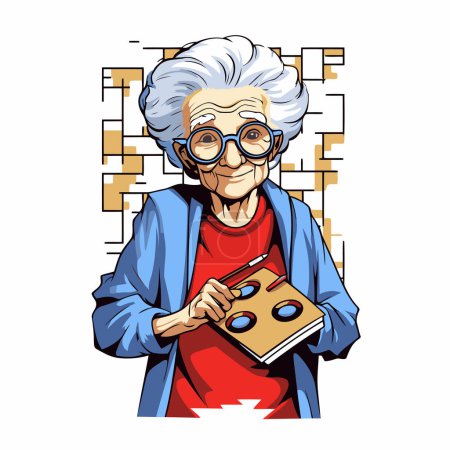 Ilustración de Una anciana con gafas y libro. Ilustración vectorial en estilo de dibujos animados. - Imagen libre de derechos