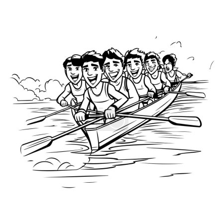 Group of men rowing in a rowboat. Black and white vector illustration.