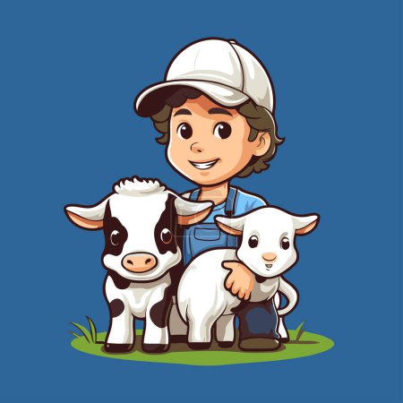 Téléchargez les illustrations : Illustration vectorielle d'un petit garçon avec une vache sur fond bleu - en licence libre de droit