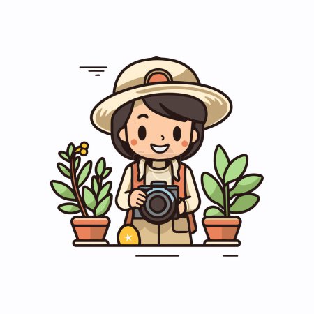 Téléchargez les illustrations : Petite fille mignonne avec caméra et plante en pot. Illustration vectorielle. - en licence libre de droit