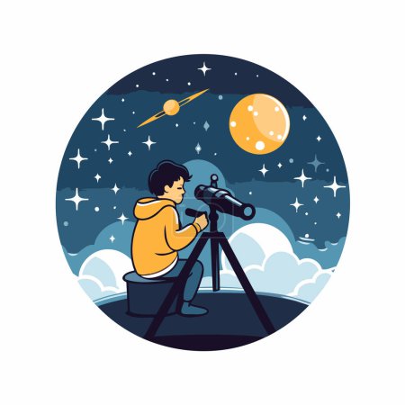 Illustration for Boy looking through telescope. Vector illustration in flat style. Astronomy concept. - Royalty Free Image