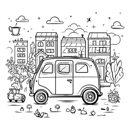 Téléchargez les illustrations : Vintage voiture rétro dans la ville. Illustration vectorielle dessinée main. - en licence libre de droit