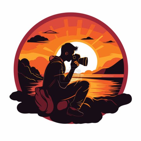 Illustration for Photographer sitting on the lake and taking pictures of the sunset. Vector illustration - Royalty Free Image