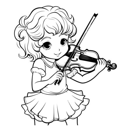 Téléchargez les illustrations : Petite fille mignonne jouant du violon illustration vectorielle noir et blanc - en licence libre de droit