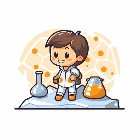 Illustration for Cute little boy playing with chemical flasks. Vector illustration. - Royalty Free Image