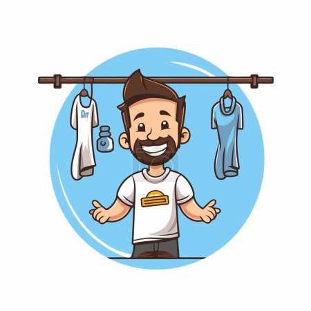 Mann hängt Kleidung an der Wäscheleine Cartoon-Ikone Vektor Illustration Grafik-Design