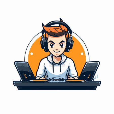 Illustration for Cute cartoon dj with headphones and laptop. Vector illustration in flat style. - Royalty Free Image