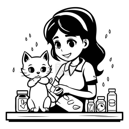 Téléchargez les illustrations : Fille laver chat dans la cuisine. Illustration vectorielle noir et blanc. - en licence libre de droit