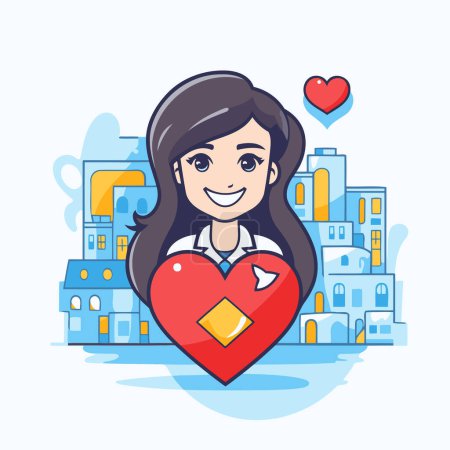 Illustration for Cute girl with a heart in the city. Vector illustration. - Royalty Free Image
