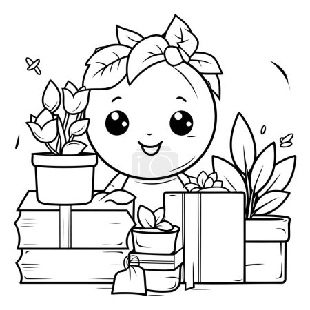 Téléchargez les illustrations : Illustration de dessin animé noir et blanc de mignonne petite fille avec des fleurs et des cadeaux Livre de coloriage - en licence libre de droit