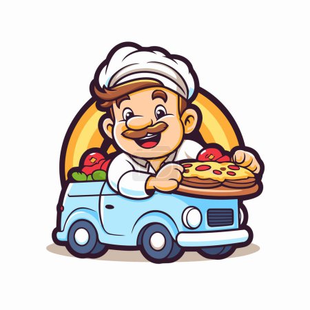 Téléchargez les illustrations : Voiture de chef avec Pizza Mascotte de Cartoon Illustration vectorielle de caractères - en licence libre de droit