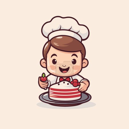 Téléchargez les illustrations : Chef avec gâteau - Illustration vectorielle de style dessin animé mignon. - en licence libre de droit