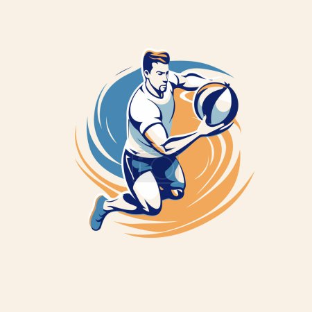 Téléchargez les illustrations : Joueur de rugby avec ballon. Illustration vectorielle dans un style rétro. - en licence libre de droit